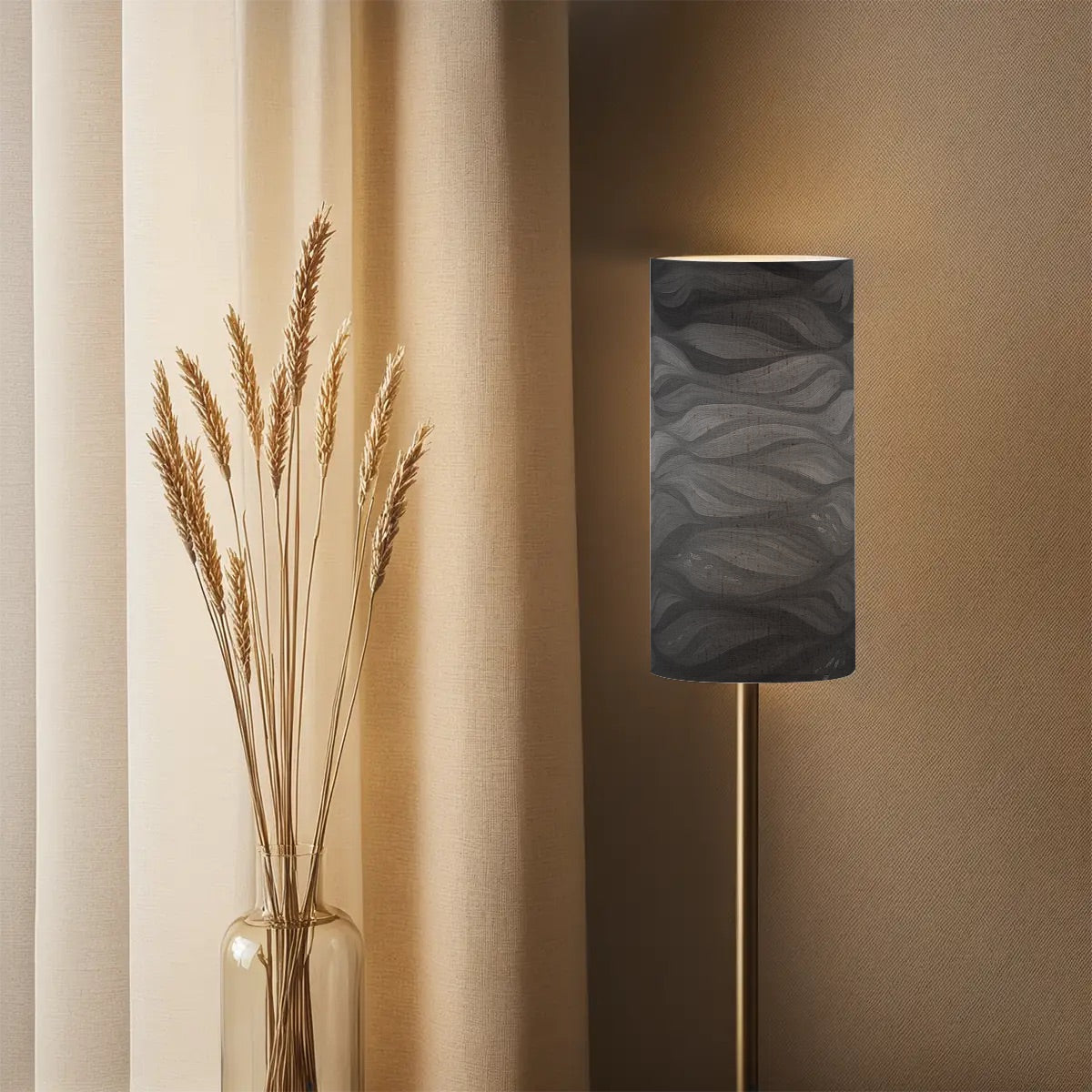 Tall cylindrical linen shade with purple and gold currents, mounted on a slender lamp base.