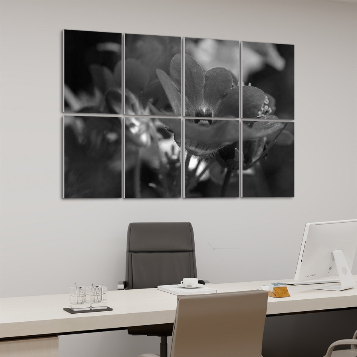 Left-angle view of greyscale Red Nemesia wall art showing soft flower detail and smooth tonal variation.