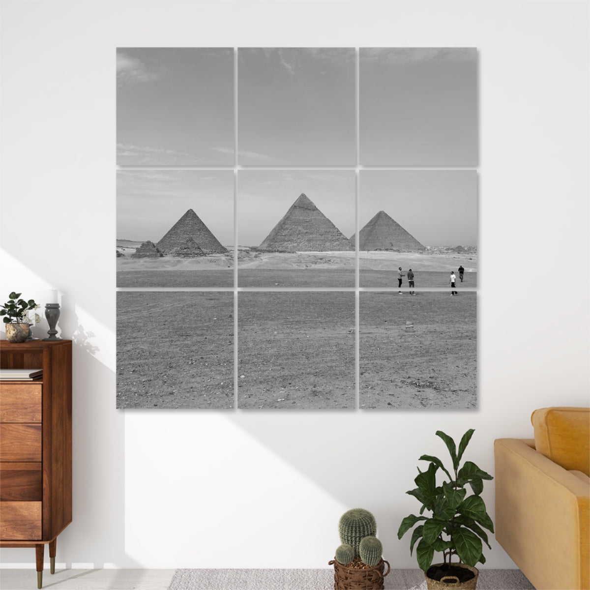 Greyscale sound-absorbing wall art of Giza Plateau and ancient pyramids printed on polyester panels