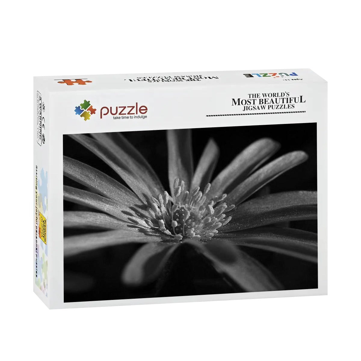 500-piece wooden jigsaw puzzle with a greyscale close-up of a purple anemone flower, size 20.5" x 15"