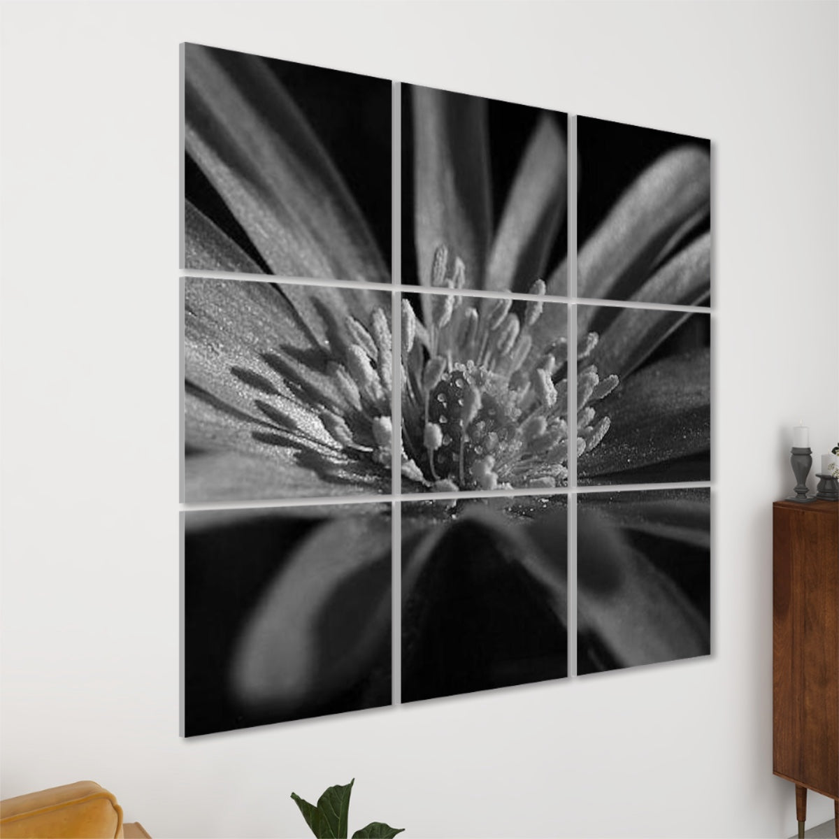 9‑panel greyscale acoustic wall art of a purple anemone flower, highlighting petal texture in monochrome tones