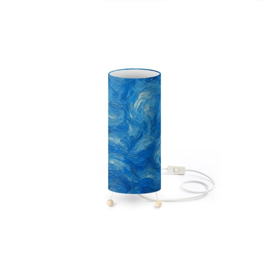 Handmade in UK Blue Standing Lamp with swirling blue pattern and white power cord on wooden legs