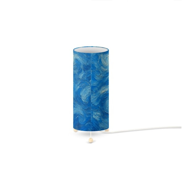 Handmade in UK Blue Standing Lamp with swirling blue canvas design and pull chain switch