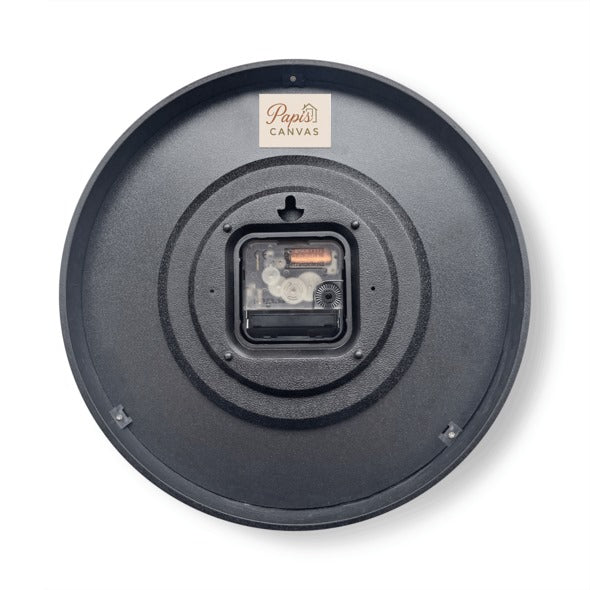 Back view of Papi's Canvas Handmade in UK Non-Ticking Abstract Wall Clock with a black casing and clock mechanism