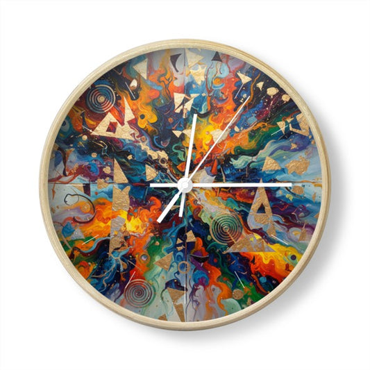 Handmade in UK Non-Ticking Abstract Wall Clock featuring vibrant colorful design and a modern wooden frame