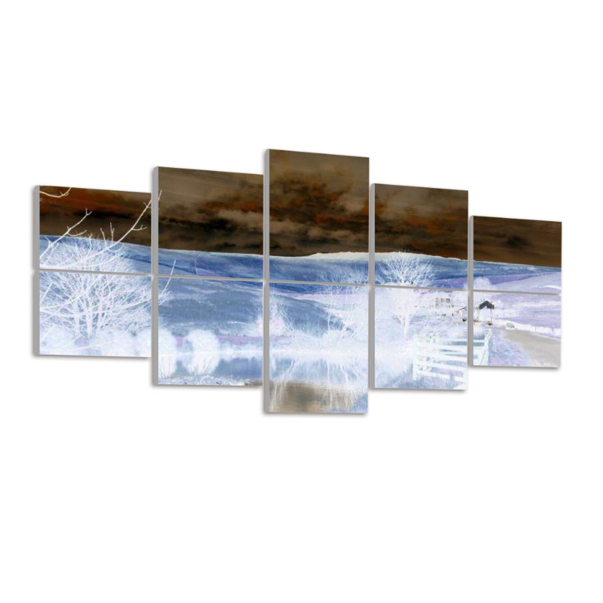 Inverted color version of countryside scene with high contrast and reversed light, split across 10 decorative acoustic panels.