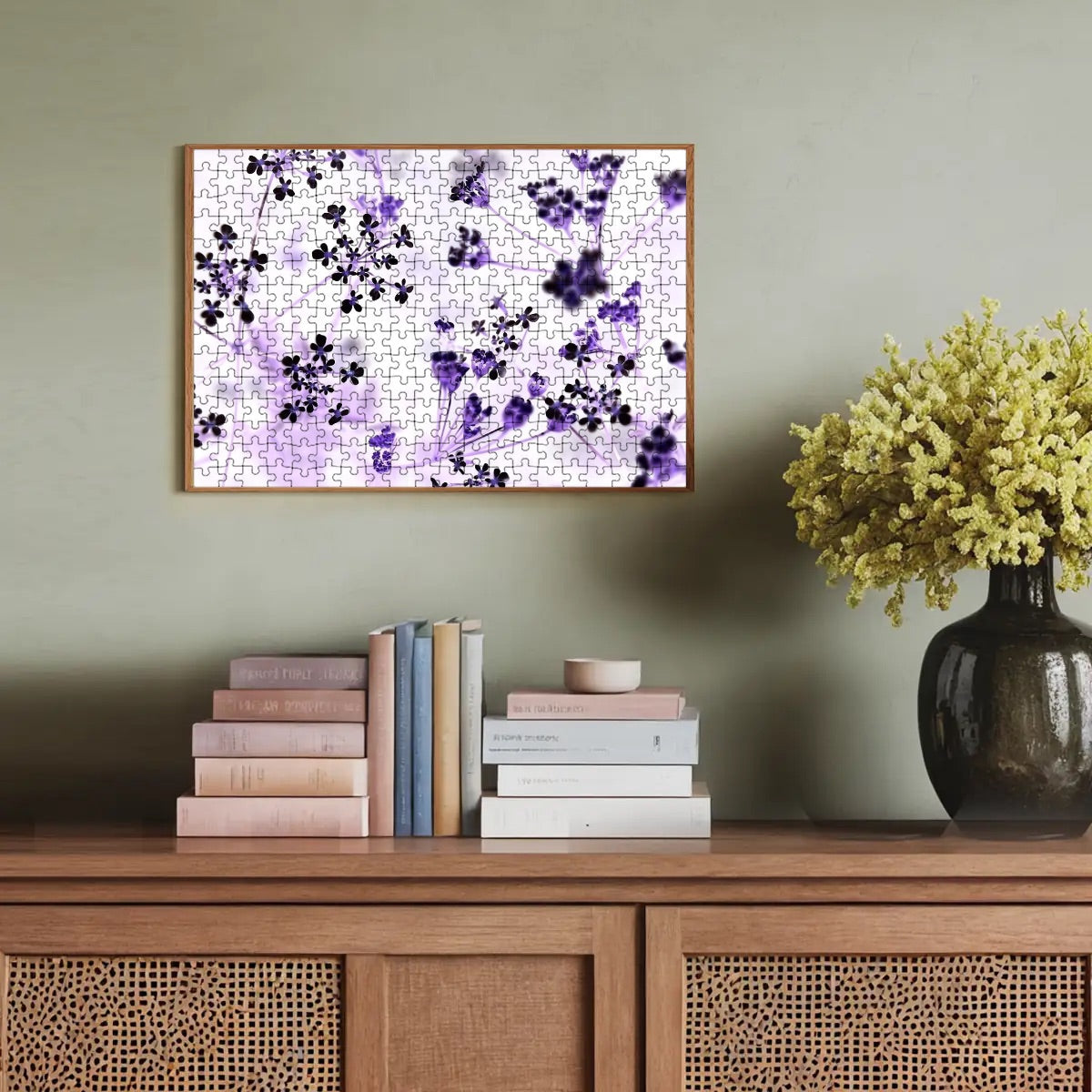 Inverted version of a 300-piece puzzle showing white wildflowers with bold reversed tones on smooth basswood.