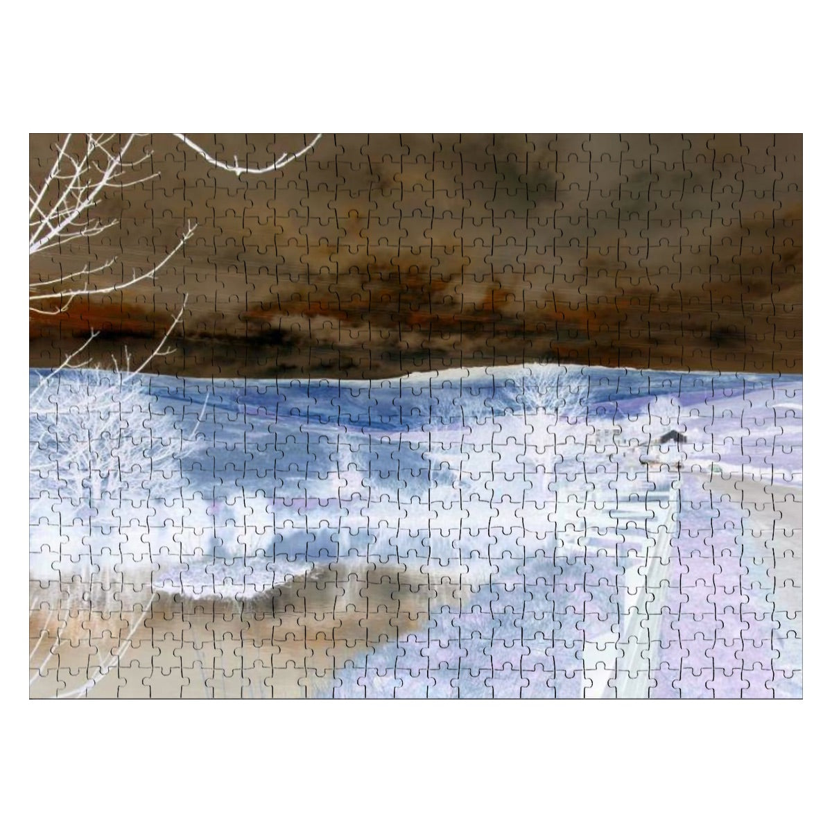 Inverted-style puzzle with high-contrast tones showing golden hills and bare trees in stylized reverse.