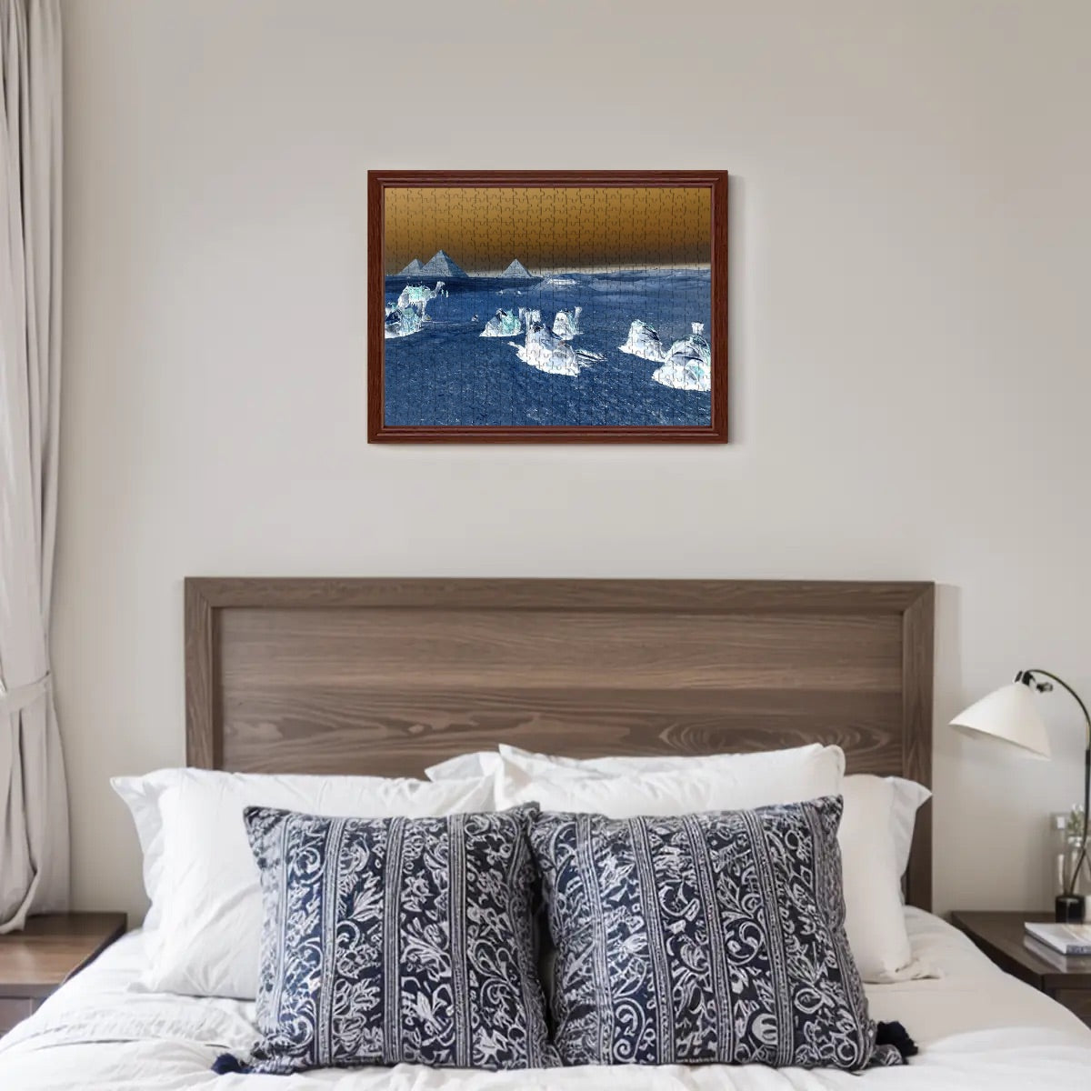 Inverted color version of camels in the desert with pyramids and city skyline, 500-piece wooden puzzle