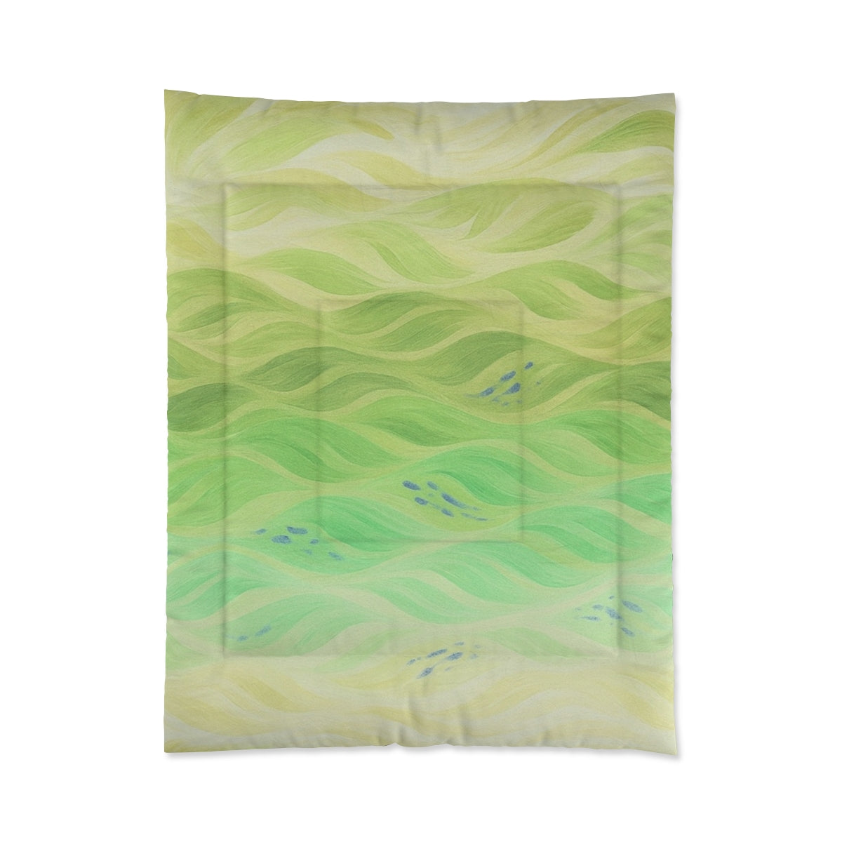 Inverted comforter in soft pastel greens, light yellow, and blue undertones. Size: 68" × 88"