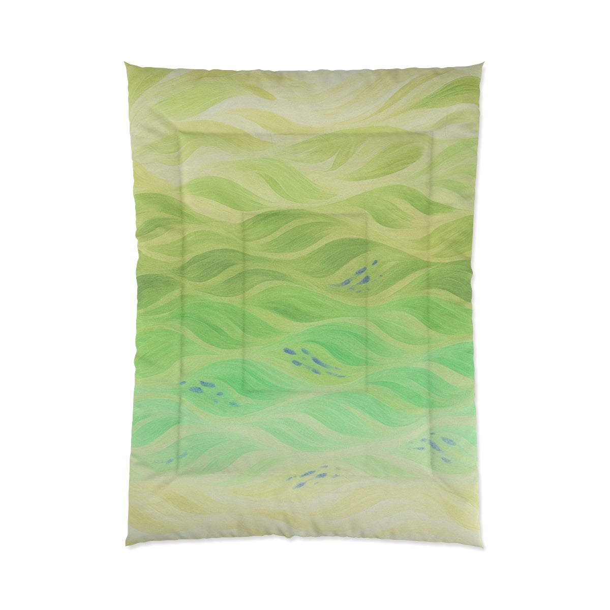 Elongated pastel comforter with green wave textures and gentle spring tones. Size: 68" × 92"