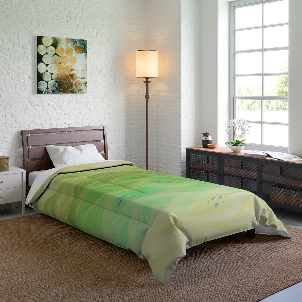 Bedroom with soft neutral decor and the inverted comforter on an elongated single bed. Size: 68" × 92"