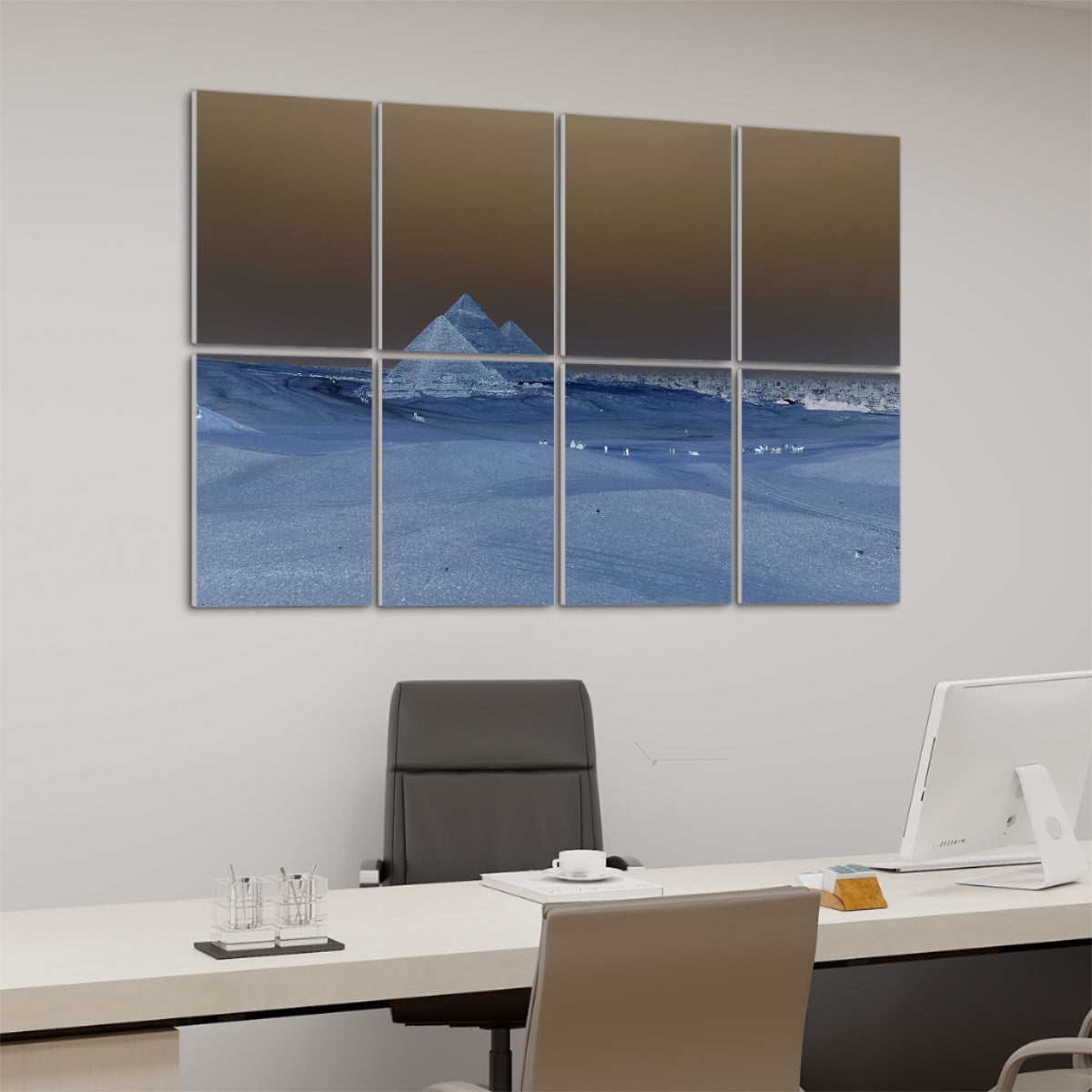 Left-angle view of inverted Distant Pyramids wall panels showing bold color reversal and dramatic desert contrasts.