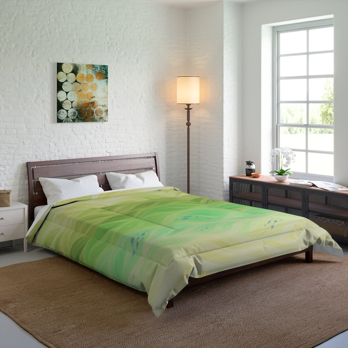 Queen bed with the inverted variant offering a light, fresh look through layered greens. Size: 88" × 88"