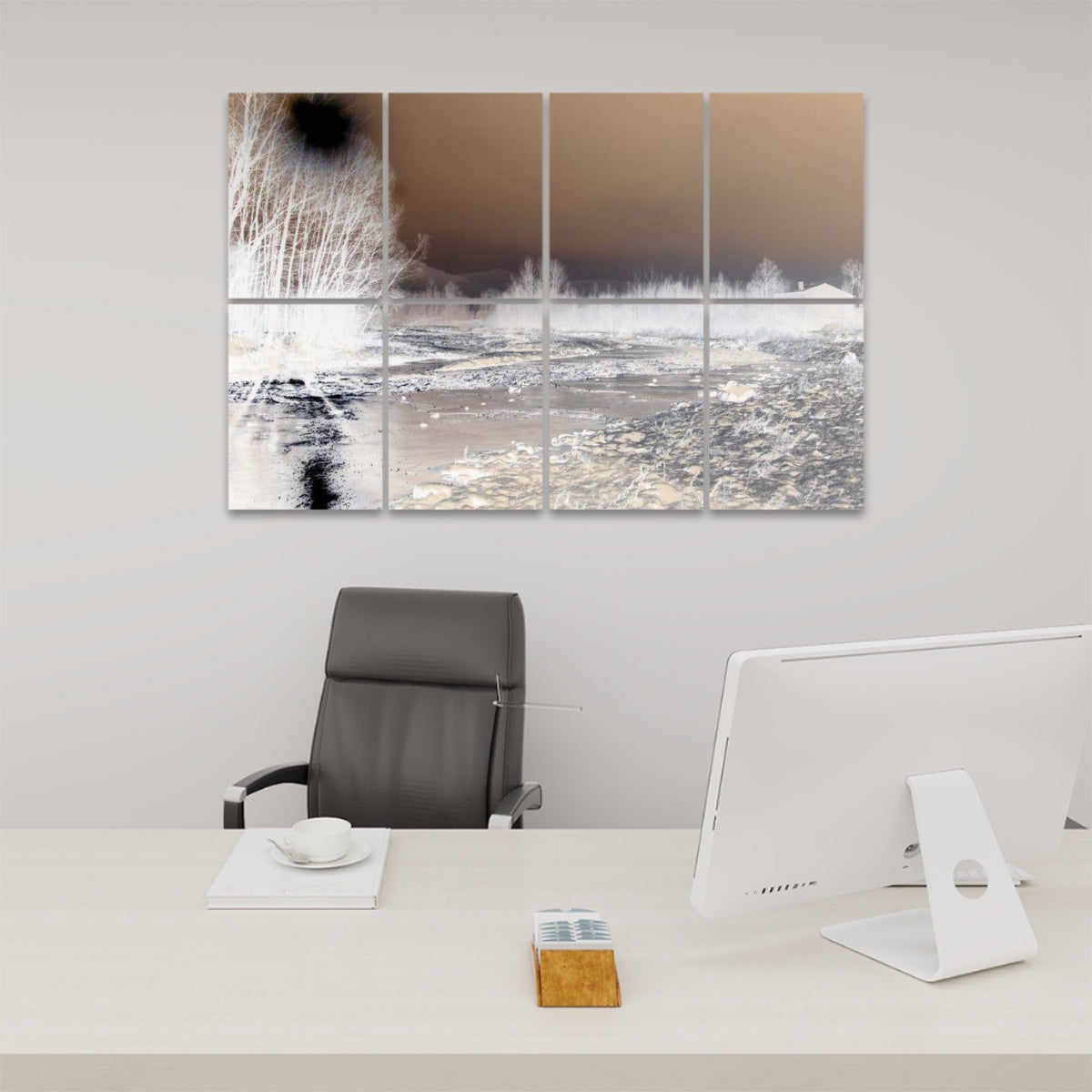 Front view of inverted Winter Stream acoustic wall panels with reversed tones creating a surreal winter landscape.