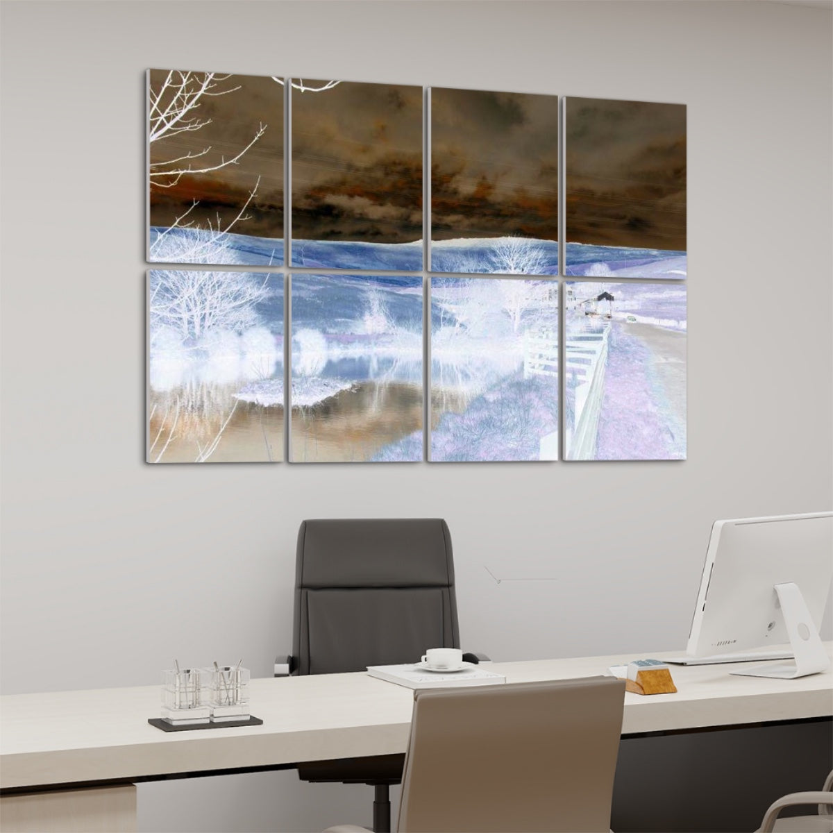 Left-angle view of inverted British Countryside wall panels with surreal color tones and reversed contrast.