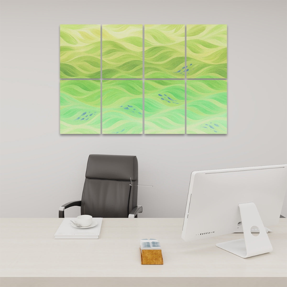 Eight decorative sound-absorbing wall panels in an inverted palette of pale greens and lemon-yellow wave patterns, mounted in a two-by-four grid on a light-gray wall above a black leather office chair and white desktop monitor.
