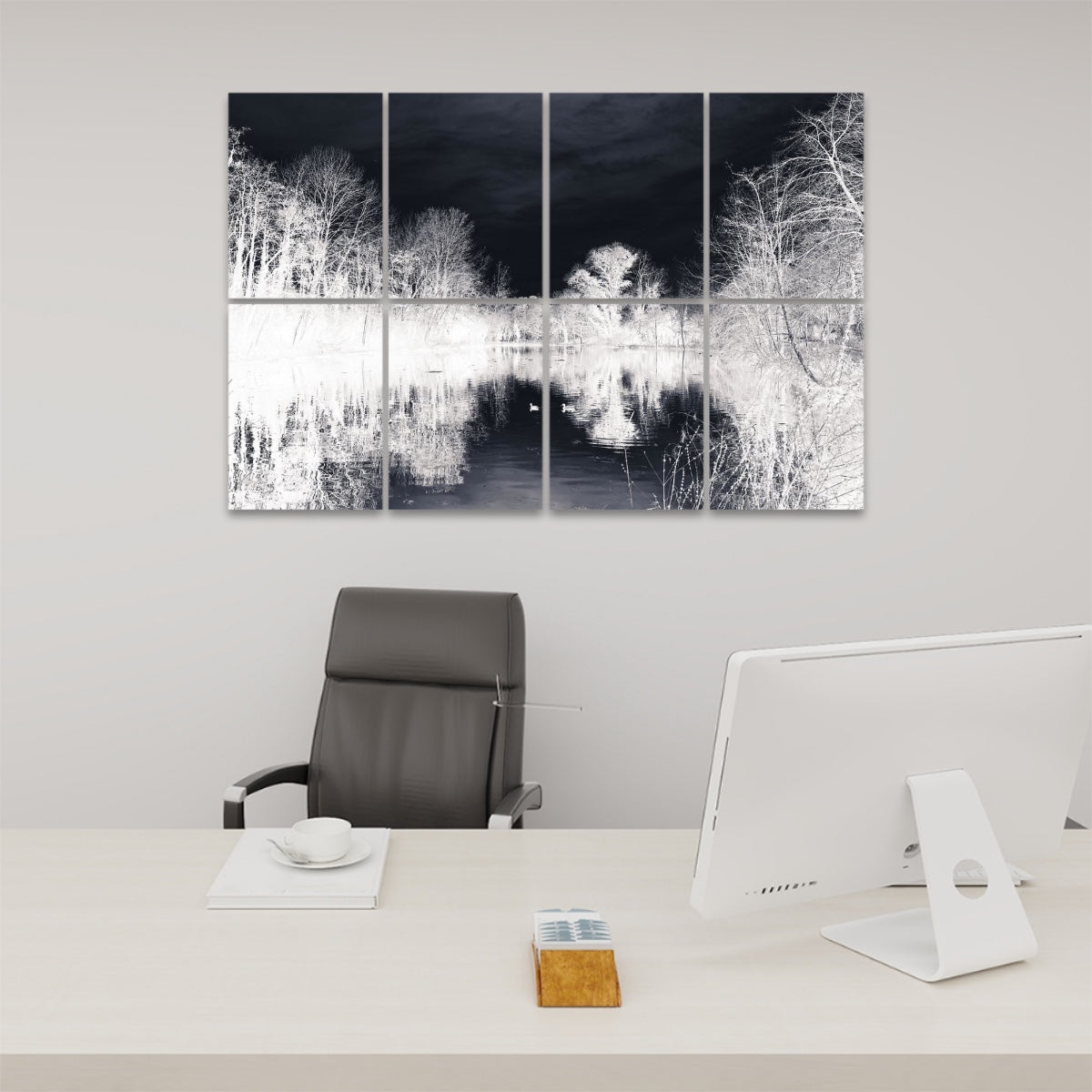 Inverted color version of a quiet wooded lake scene with silhouetted trees and white water reflections, arranged across 8 decorative acoustic wall panels.
