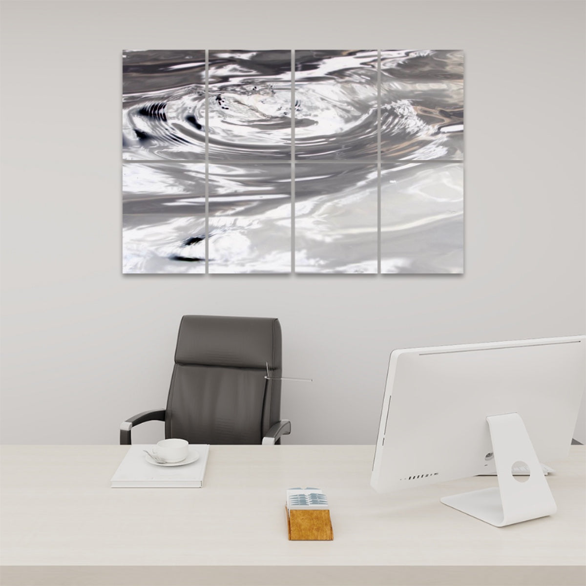 Inverted version of rippling water design, with high-contrast whites and darks printed across 8 acoustic wall panels.