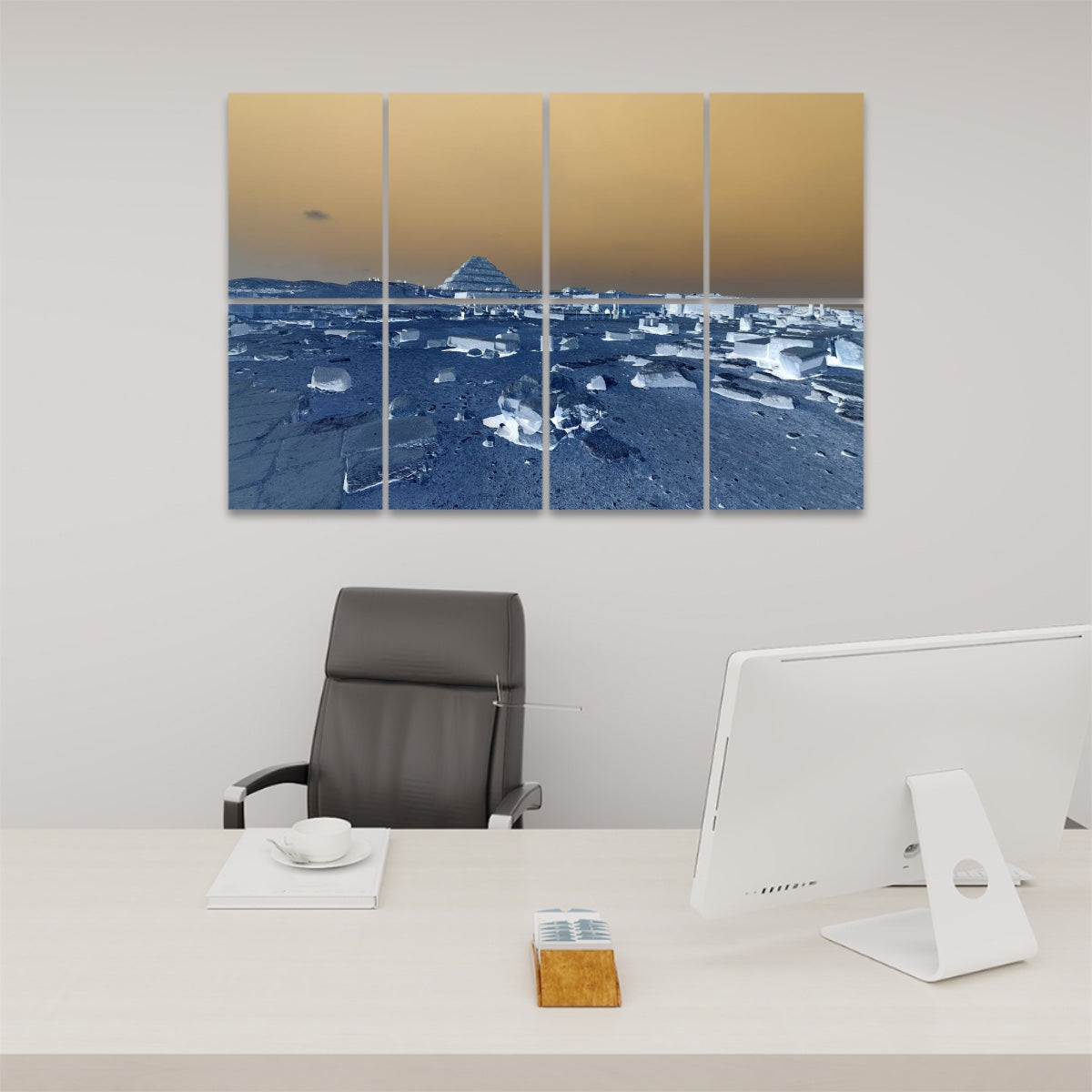 Inverted color version of Saqqara's Step Pyramid across 8 sound absorbing panels, where sky and sand are rendered in stark contrast.