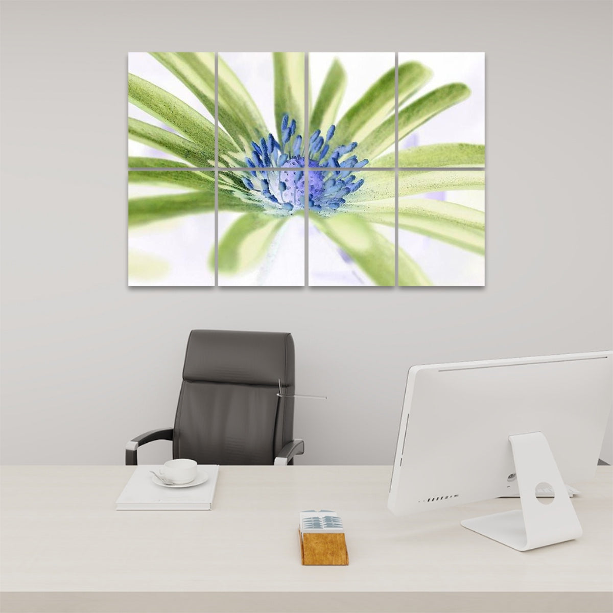 Inverted color front view of a close-up purple anemone design spread across 8 decorative acoustic wall panels, with bold tonal reversal.