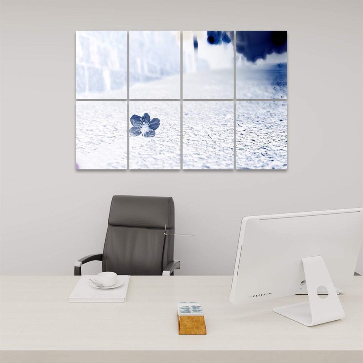 Inverted color version of a flower on asphalt at sunset, shown across 8 sound-absorbing wall panels with reversed tones and bold contrast.