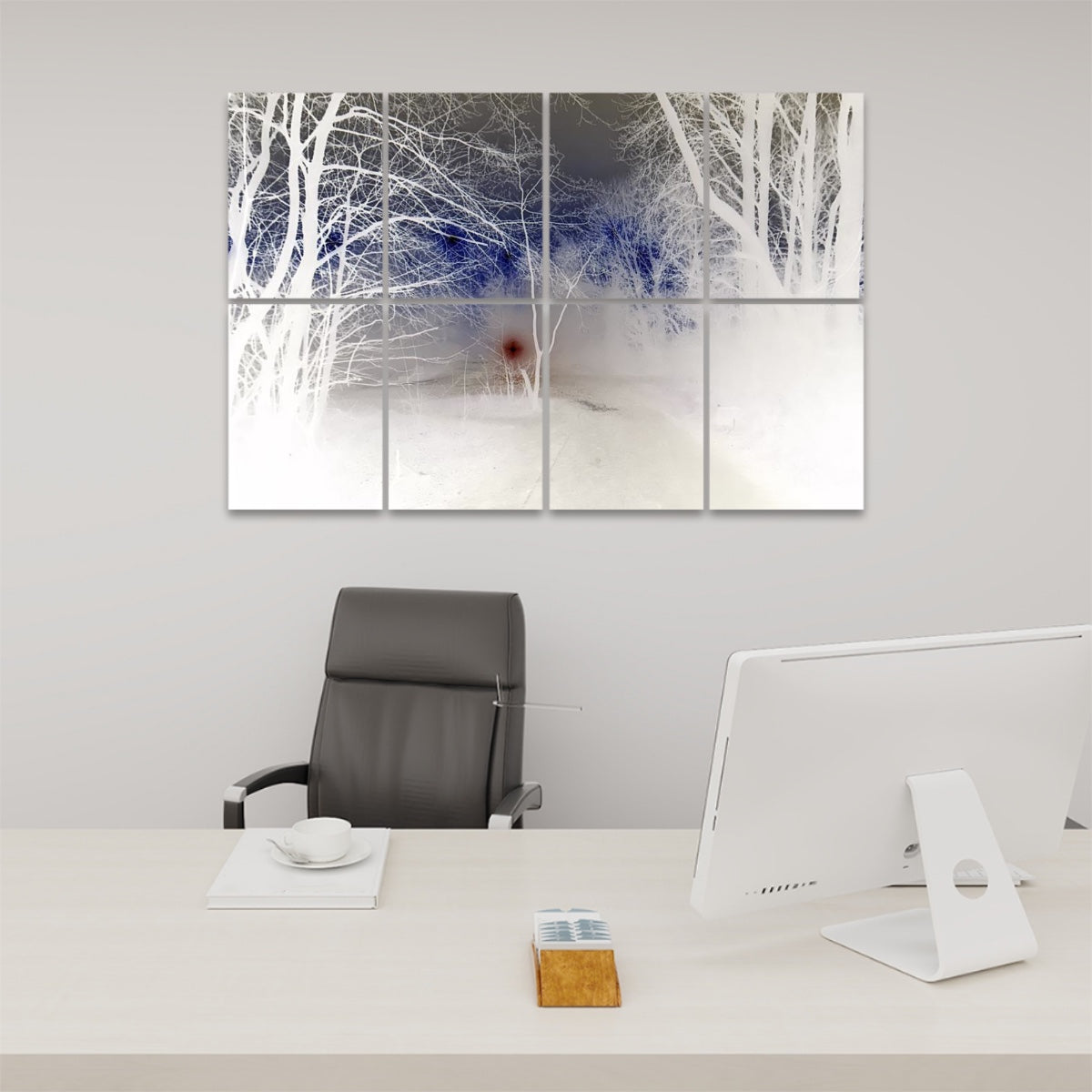 Inverted version of a foggy tree-lined path with high contrast and reversed tones, arranged across 8 decorative sound-absorbing panels.