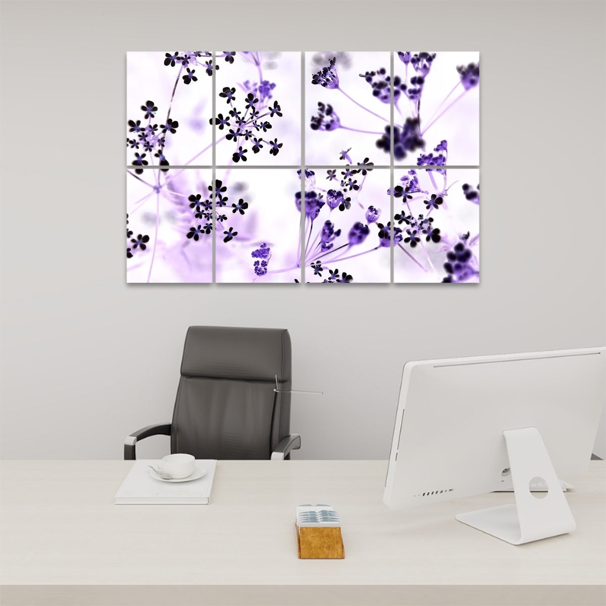 Inverted color version of a wildflower scene on 8 sound absorbing panels with reversed greens and high-contrast white petals.