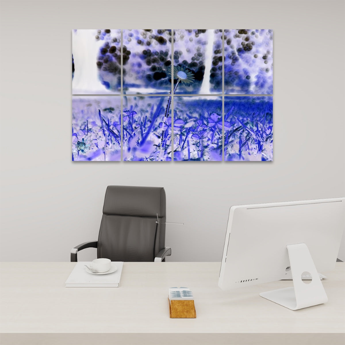Inverted version of a daisy and grass scene with high contrast lighting and reversed tones, split between 8 floral acoustic wall panels.