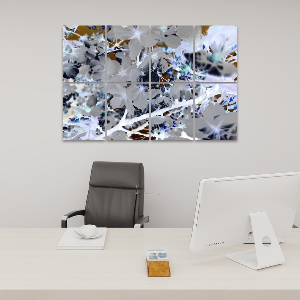 Inverted color version of white spring blossoms and branches with reversed tones and high contrast, divided across 8 decorative sound absorbing panels.