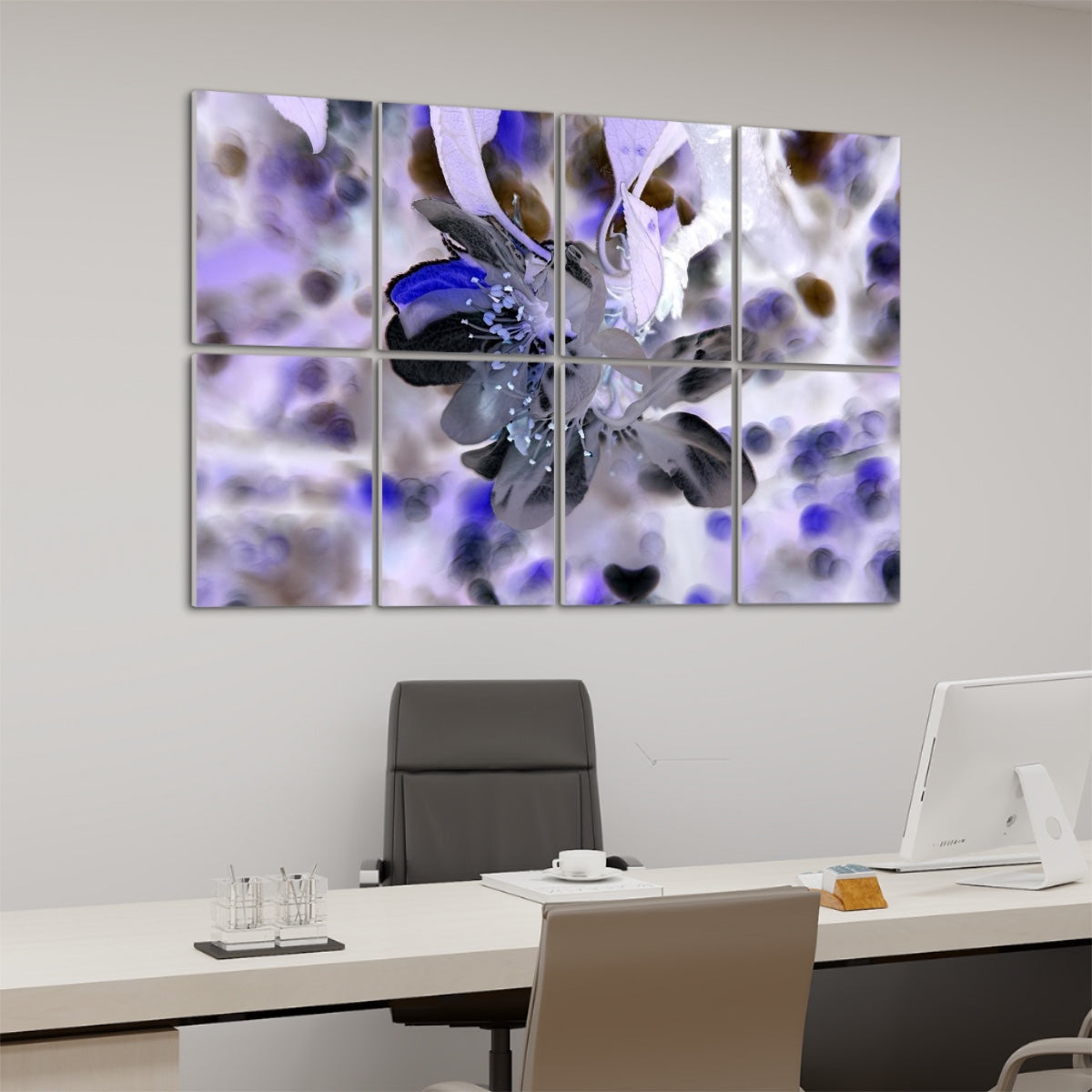 High-contrast inverted floral panel art showing a dramatic white flower silhouette over a dark background, arranged across 8 sound absorbing panels.