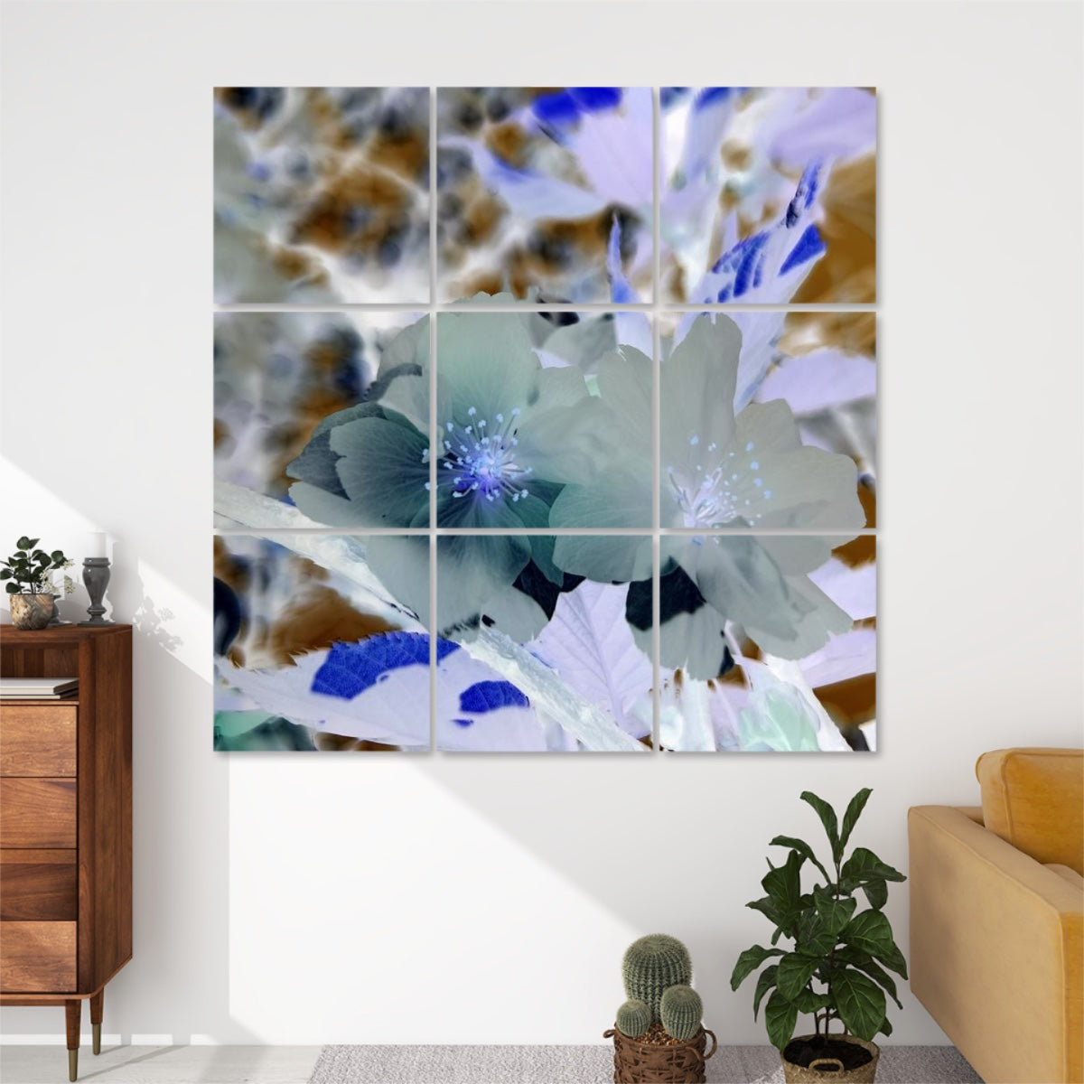 Inverted color version of pale blossoms and green leaves with dramatic reversed tones, split over 9 decorative sound absorbing panels.