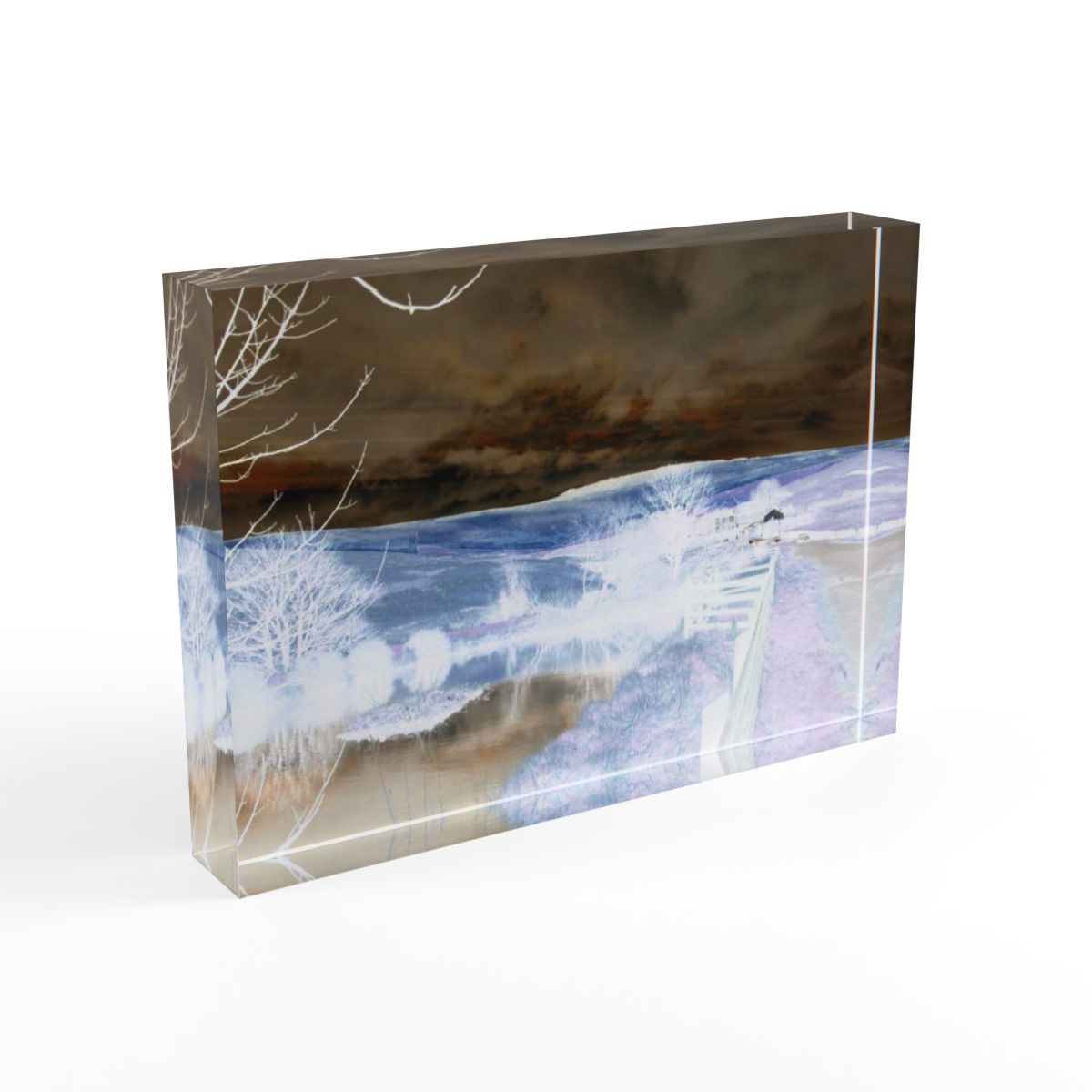 Inverted acrylic photo block showing a dramatic version of a rural British landscape with bold contrast and stylized tones.
