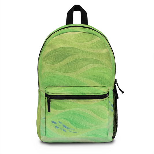 Front of the backpack with pale green and teal wave patterns forming an airy, reversed version of the original design