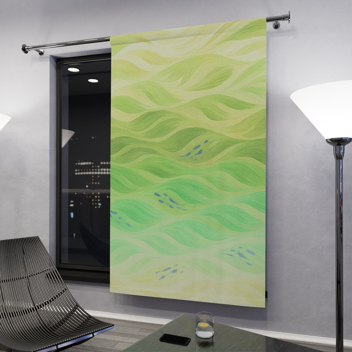 blackout curtain in soft yellow-green with reversed blue wave motifs, placed in a nighttime modern setting—50″ × 84″