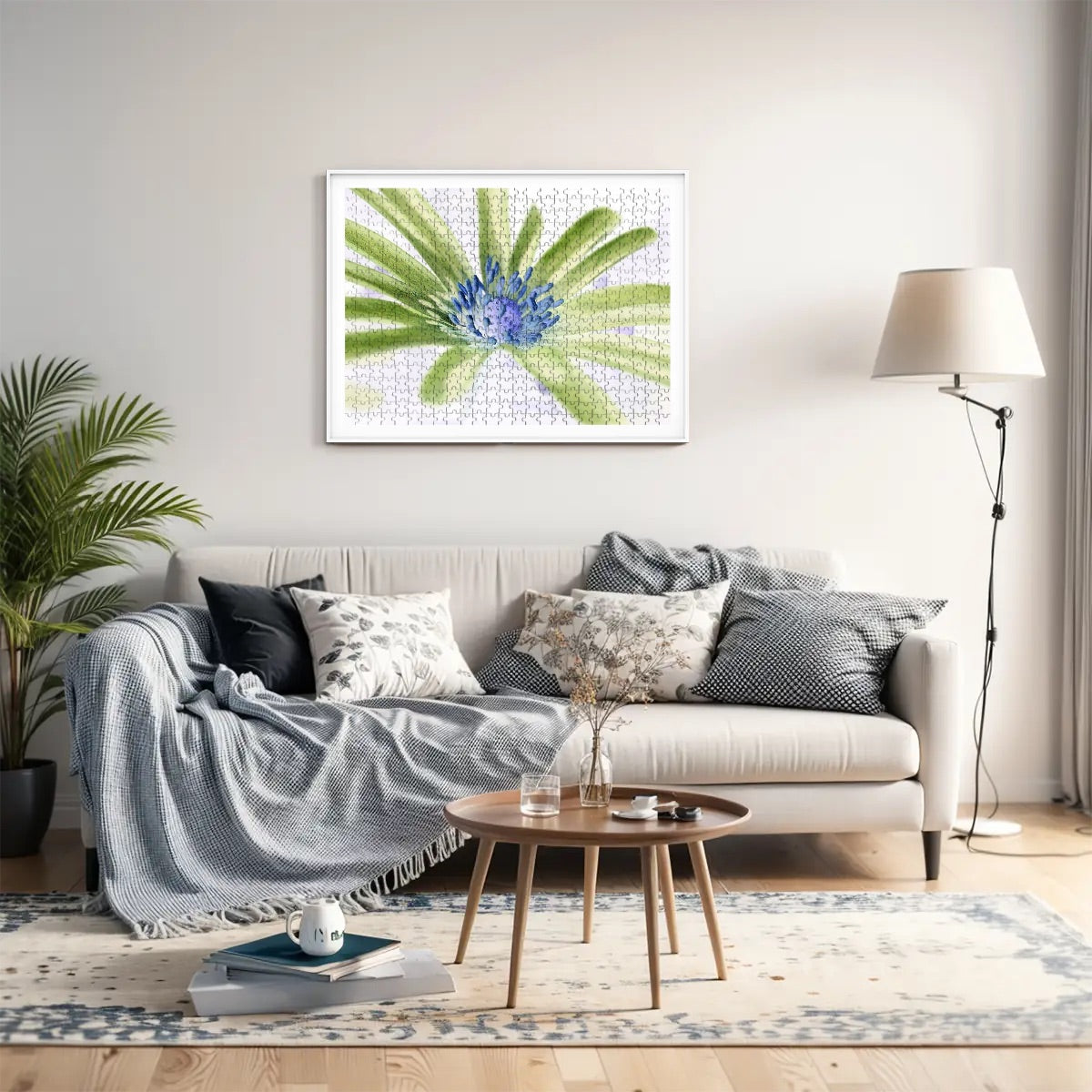 500-piece wooden jigsaw puzzle showing an inverted color version of a close-up purple anemone, size 20.5" x 15"