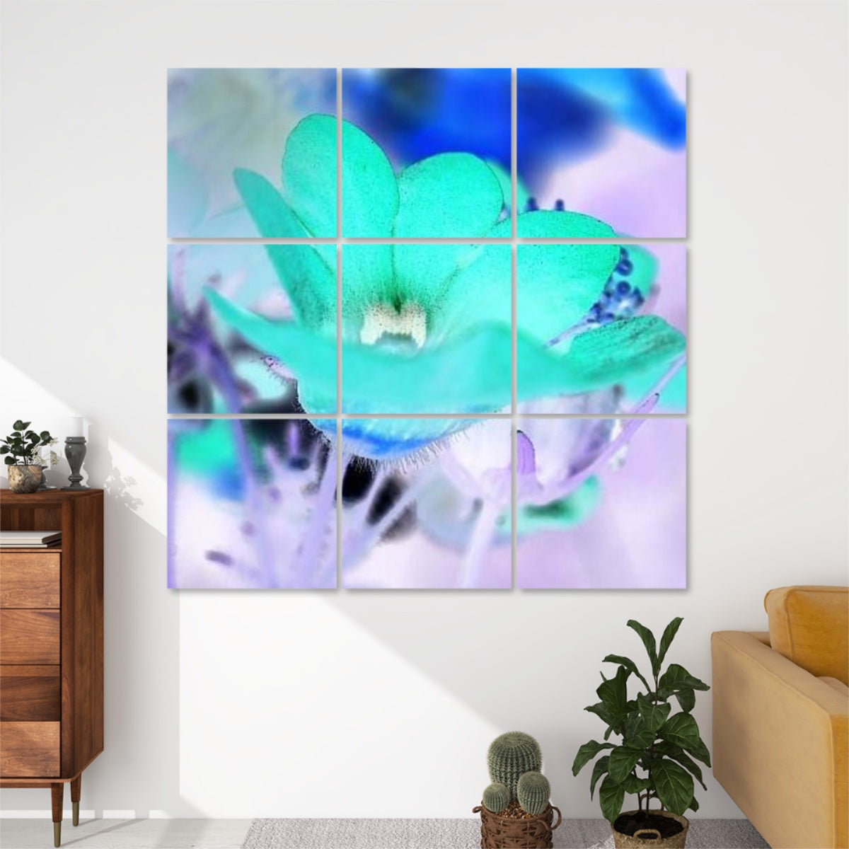 Inverted color version of red Nemesia flower photograph, with surreal tones and dramatic effect.