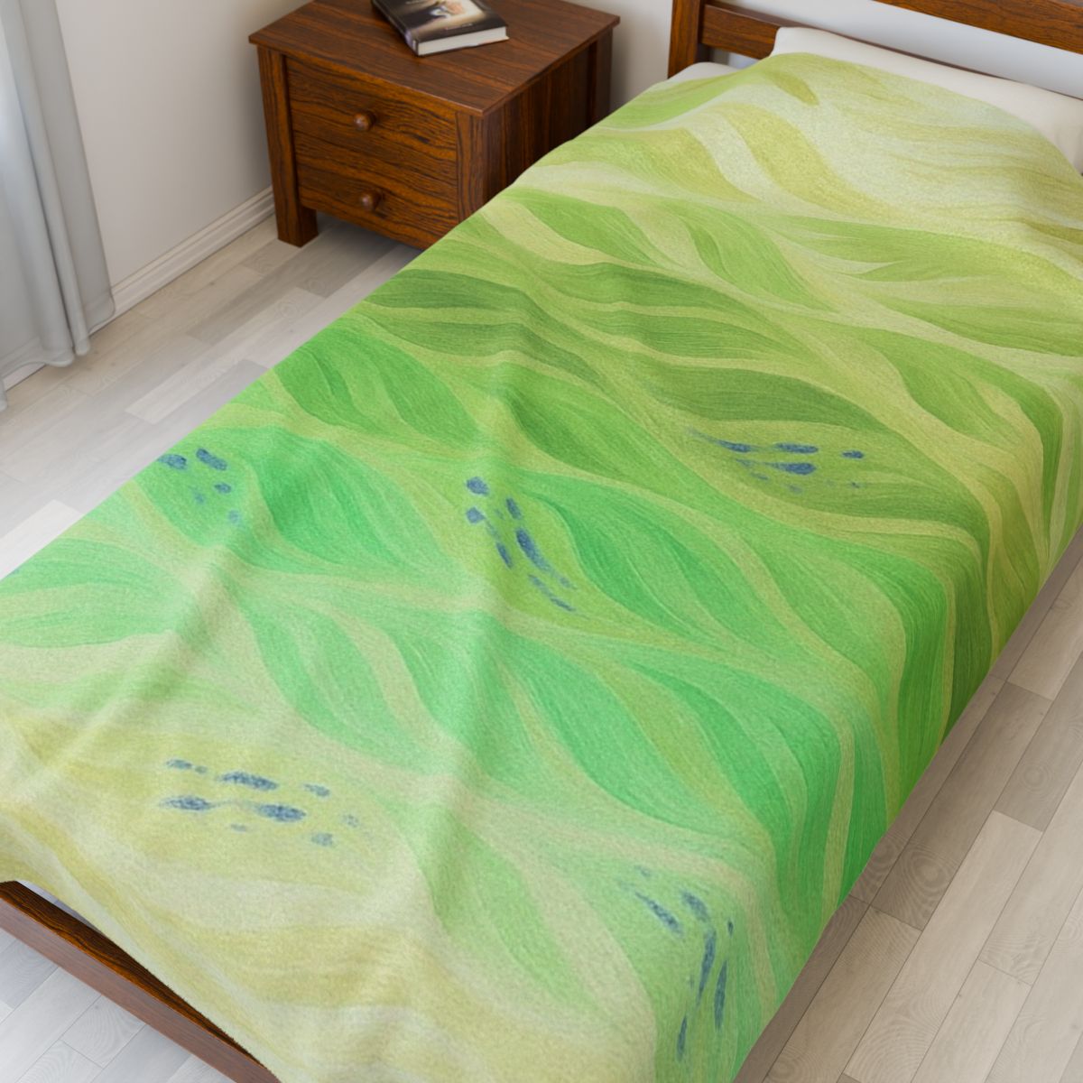 Vibrant Gilded Amethyst throw in zesty greens and soft golds, arranged across a larger bed