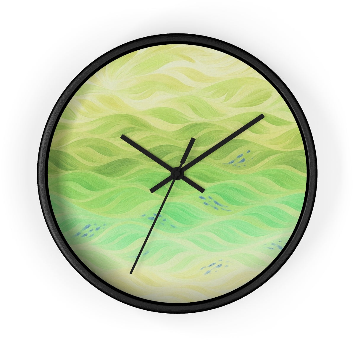 Round wooden wall clock with a painted black frame, black hour/minute/second hands, and a plexiglass face printed in soft pastel waves from lemon yellow to lime green