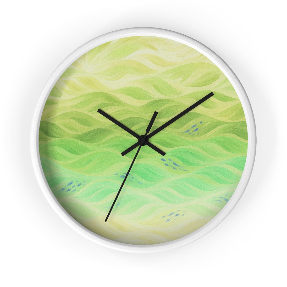 Round wooden wall clock with a painted white frame, black hour/minute/second hands, and a plexiglass face displaying pastel yellow-to-lime-green wave forms