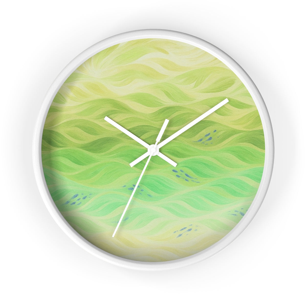 Round wooden clock with a painted white frame, white hour/minute/second hands, and a plexiglass face printed in light yellow-to-green wavy bands