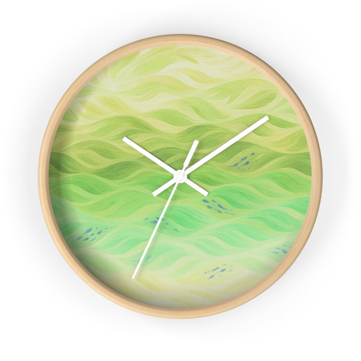 Round wooden clock in a natural light wood frame, white hour/minute/second hands, and a plexiglass face showing soft yellow-to-green undulating wave patterns