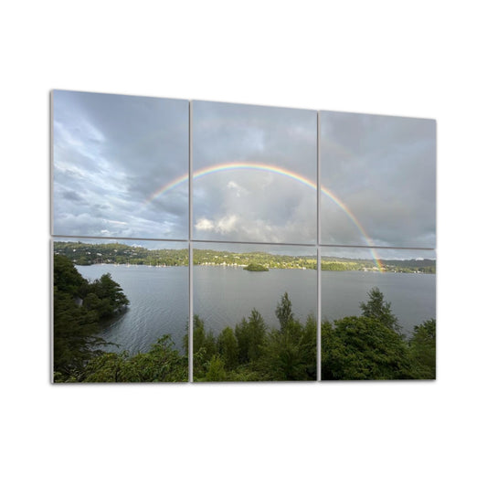 Papis Canvas Lake Landscape Rainbow 6 Decorative Sound Absorbing Wall Panels six panel lake and rainbow over water with trees