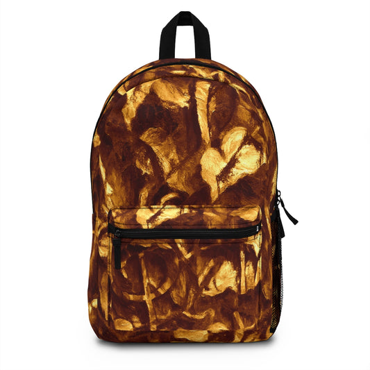 Front of the backpack with glowing golden tones and deep sienna highlights, painted in fine art style brushstrokes