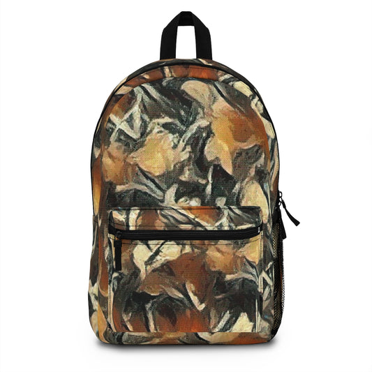 Front of the backpack with earthy brush patterns in warm brown, rust, and ochre — reminiscent of fallen leaves