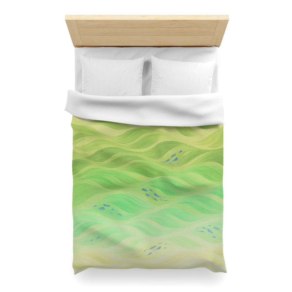 Twin XL size duvet cover in Lemon and Lime with white lining, brushed in gentle yellow-greens and leafy textures