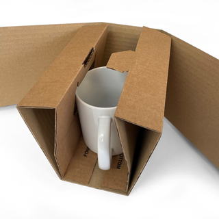 Packaging of Made in UK 11oz Ceramic Vibrant Colourful Abstract Art Coffee Mug securely in a brown box