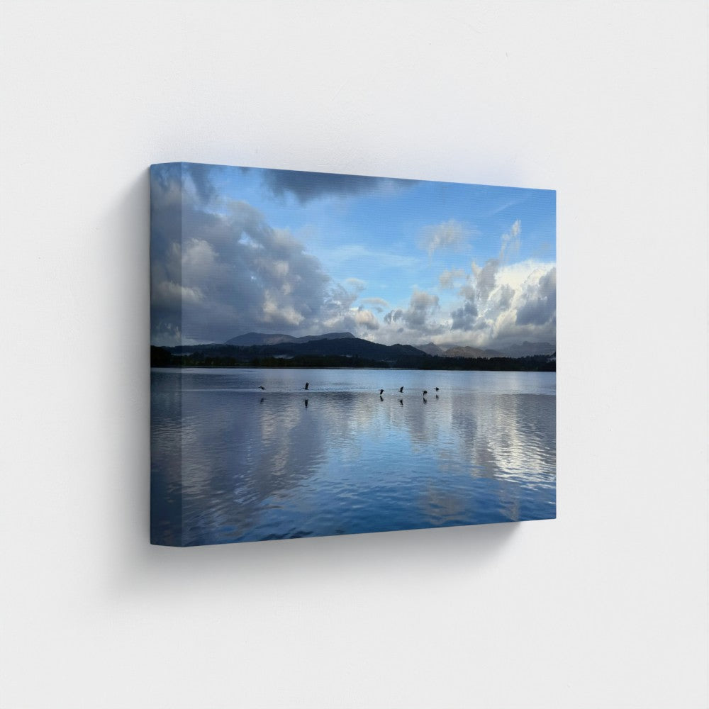 Made in UK Eco-Friendly Canvas Lake District landscape with Birds over Windermere Lake beautifully displayed