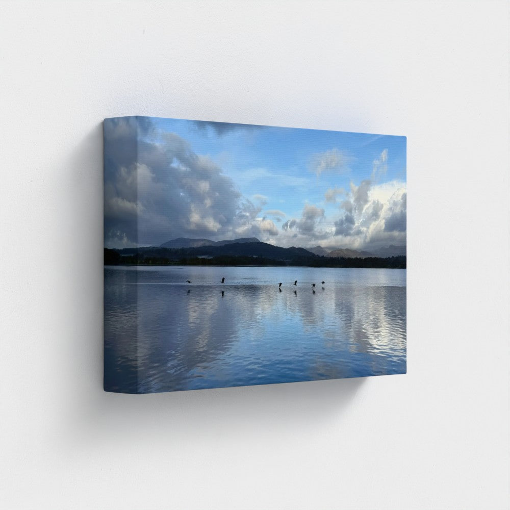 Made in UK Eco-Friendly Canvas Lake District landscape with Birds over Windermere Lake, showcasing serene water and sky.