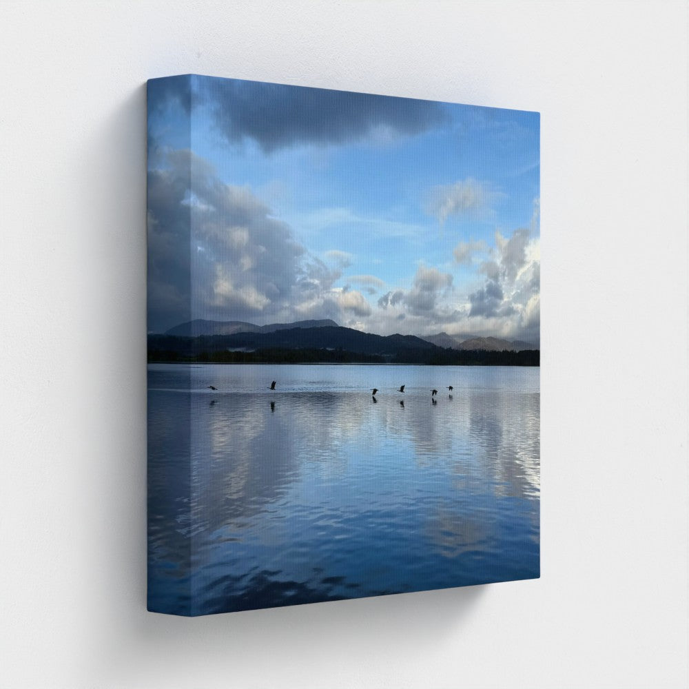 Made in UK Eco-Friendly Canvas Lake District landscape with Birds over Windermere Lake at sunset
